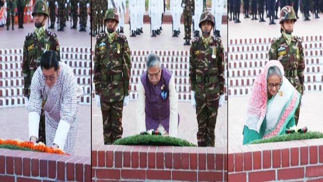 মুক্তিযুদ্ধের বীর শহীদদের প্রতি রাষ্ট্রপতি, প্রধানমন্ত্রী ও ভুটানের রাজার শ্রদ্ধা নিবেদন